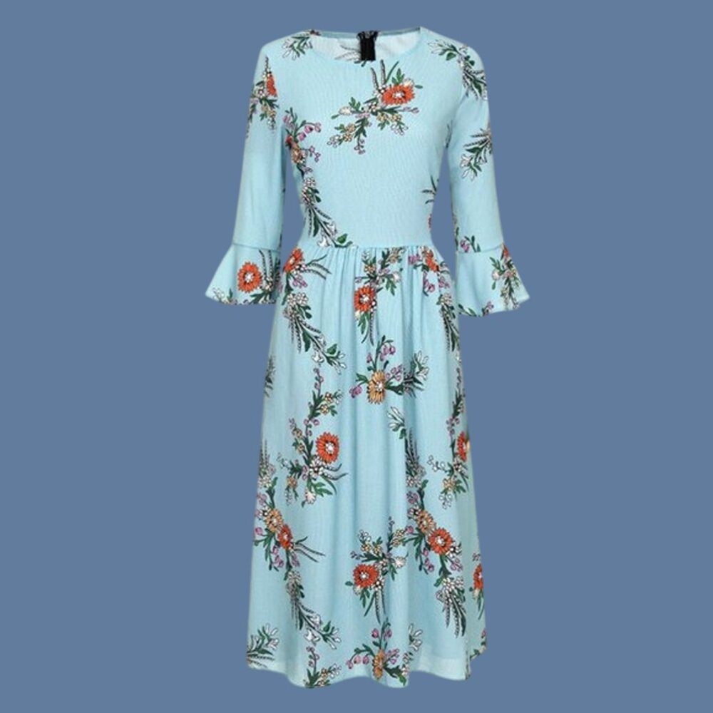 Women's Flounce 3/4 Sleeve Gathered Waist Crew Neck Floral Fit & Flare Dress L - Picture 6 of 6